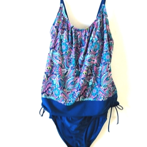 CARIBBEAN JOE BLUE PINK FLORAL RUCHED HIGH-CUT TANKINI 2-PC SET SIZE 12 NWT - Picture 5 of 12
